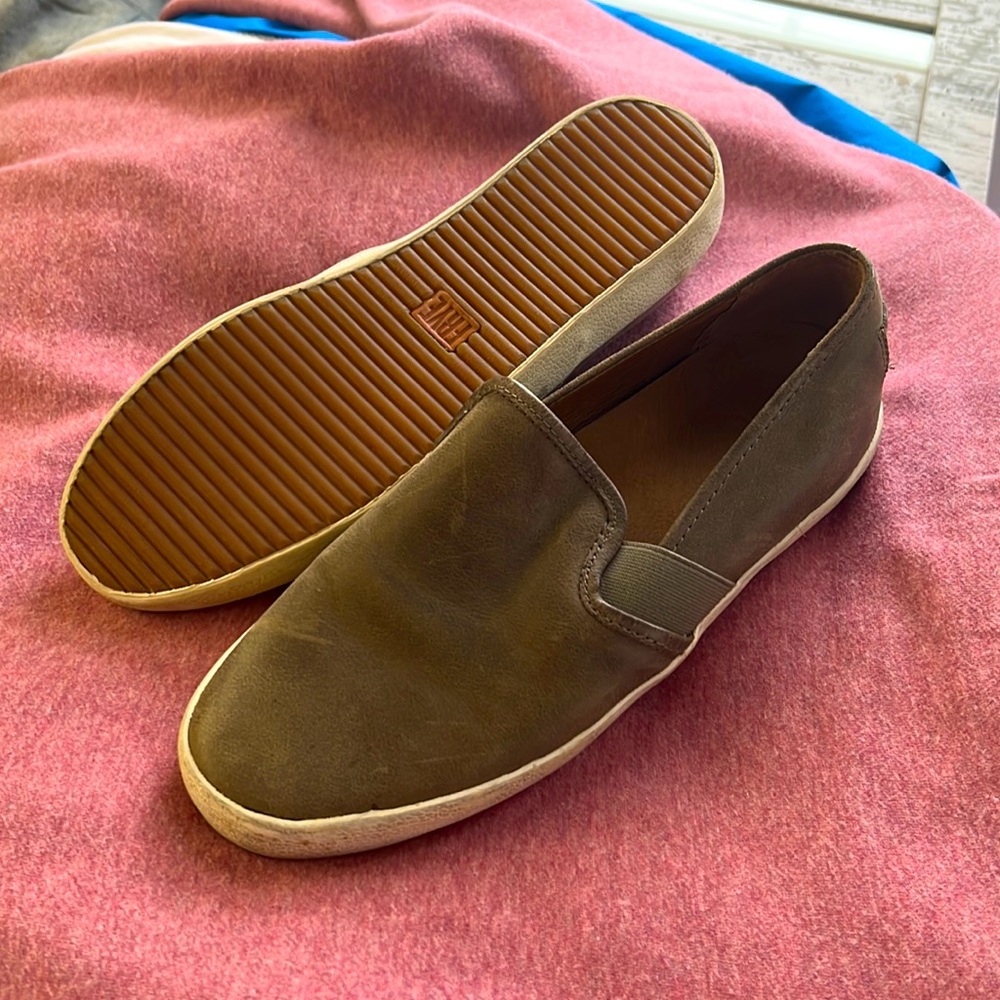 Frye olive leather slip-ons